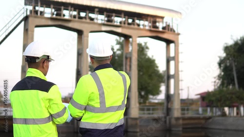 Engineer inspecting dam reservoir and irrigation canal, monitoring water management, safety, and infrastructure maintenance to support agriculture, sustainability, and efficient resource use.