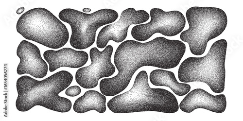 Liquid organic dots shapes set. Irregular bacteria silhouette figures. Abstract grainy noise fluid gradient. Uneven shape splashes. Wavy 3d water drops. Vector charcoal background illustration.