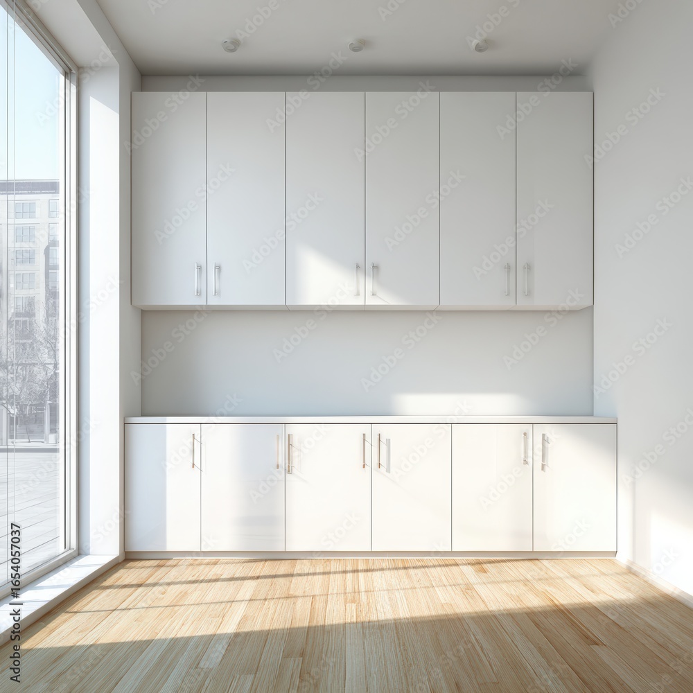 Fototapeta premium Bright and spacious interior of a modern room featuring white cabinets, wooden flooring, and large windows allowing natural light to illuminate the space with a minimalist design concept
