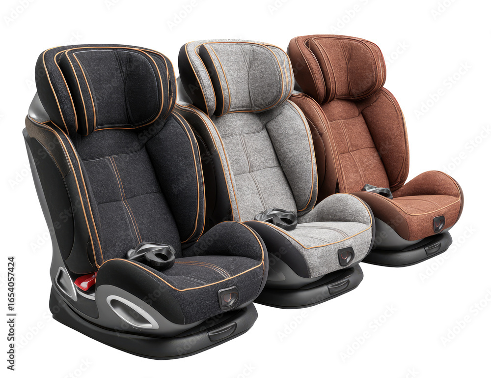 Naklejka premium Three child car seats in various colors, showing details