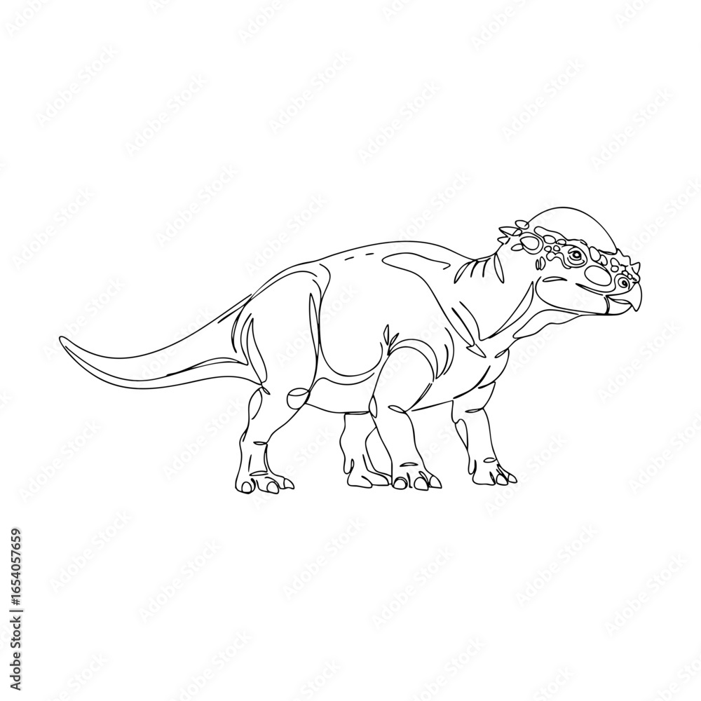 Fototapeta premium Vector line art of a Pachycephalosaurus dinosaur with domed head and strong body, decorative flower crown detail in dark academia illustration