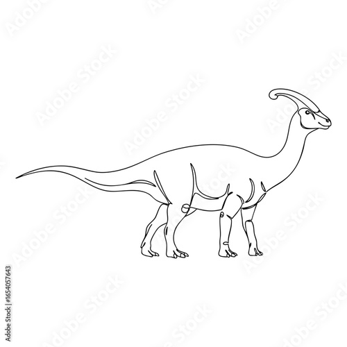 Vector line art of a Parasaurolophus dinosaur with long crest on head, standing pose detailed outline drawing in dark academia vector theme