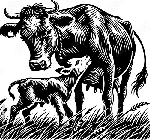 Black and white woodcut-style illustration captures a mother cow and her calf in a field of grass, symbolizing maternal care and farm life. Mother and Calf: A Tender Farm Scene.