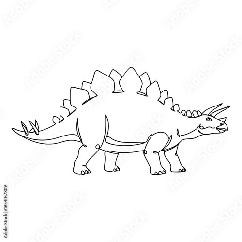 Vector line art of Stegosaurus herbivorous dinosaur with dorsal plates and spiked tail in profile view, detailed skeletal outline illustration