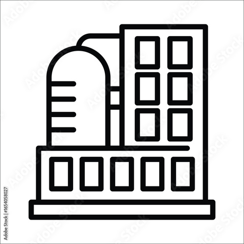 A simple line drawing shows an industrial plant featuring a storage tank and a multistory building with rectangular windows atop a common base