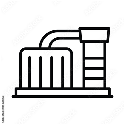 An industrial structure featuring a central tank linked by a curved pipe to a tiered tower on a shared platform