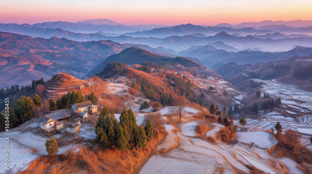 Obraz premium Scenic Terraced Hills and Frosty Winter Landscape with Sunrise Sky Celebrating Dongzhi Festival Chinese Winter Solstice Tradition