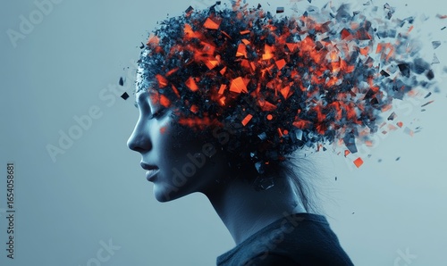 Profile view of a person experiencing mental health struggles, with abstract pieces floating around their head, symbolizing emotional fragmentation and the complexities of mental, Generative AI