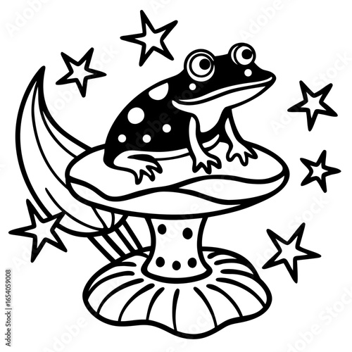 Psychedelic Frog on Mushroom – Groovy Coloring Page with Abstract Waves and Stars  
