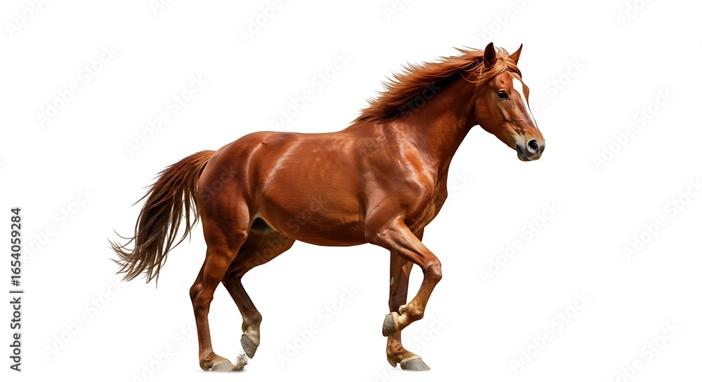 Fototapeta premium Chestnut Horse Trotting with White Blaze on Isolated Background, Mane Flowing