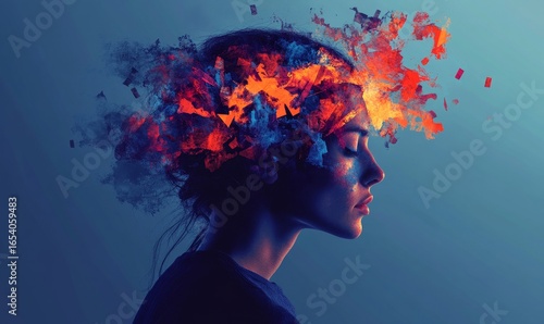 Profile view of a person experiencing mental health struggles, with abstract pieces floating around their head, symbolizing emotional fragmentation and the complexities of mental, Generative AI