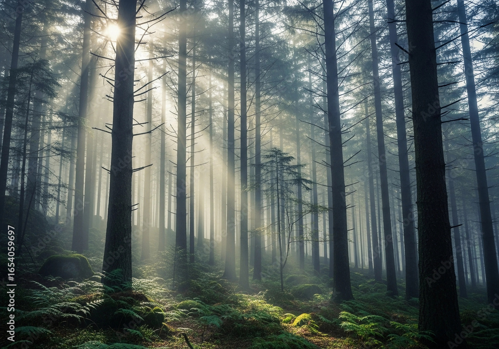 Obraz premium Misty Forest with Sunlight Shining Through the Trees