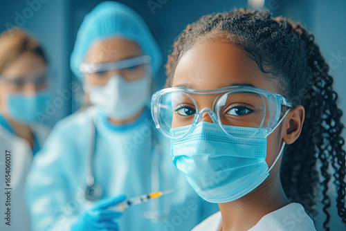 A young girl in protective gear smiles at the camera, surrounded by medical professionals wearing masks and gloves in a healthcare setting.