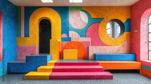 Vibrant abstract geometry defines a colorful room with textured walls and platforms forming a playful eye catching design that blends artistic expression seamlessly with functional living space