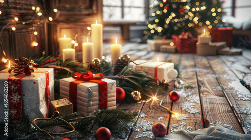 Festive Christmas scene with wrapped gifts, candles, and ornaments on wooden floor, creating cozy holiday atmosphere