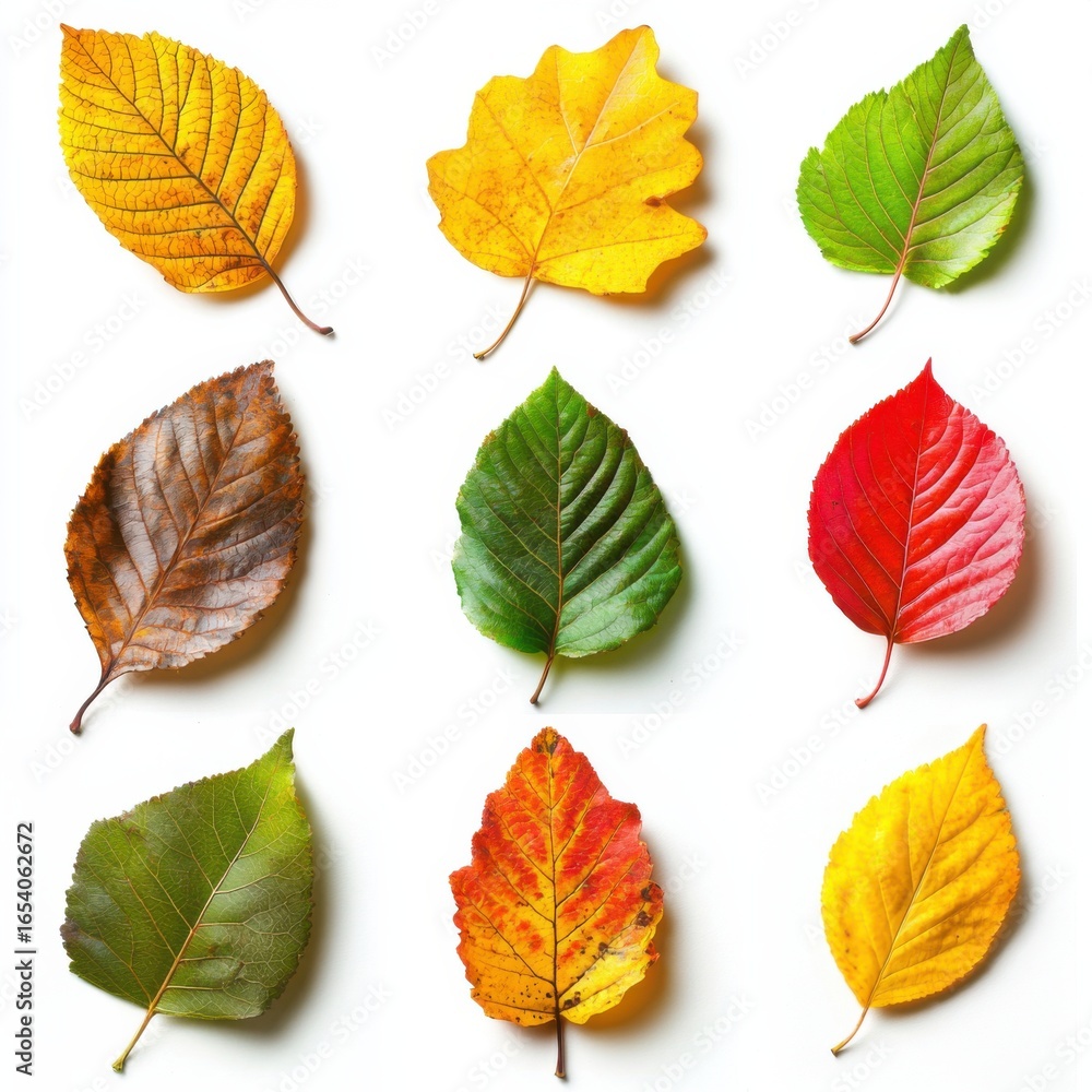 Fototapeta premium Collection of vibrant autumn leaves, isolated on white background. Autumn season concept.