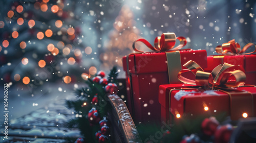 Festive red gift boxes with golden ribbons sit on snowy wooden sled, surrounded by holiday decorations and twinkling lights