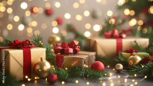Festive Christmas scene with wrapped gifts, red ribbons, and ornaments surrounded by pine branches and warm bokeh lights