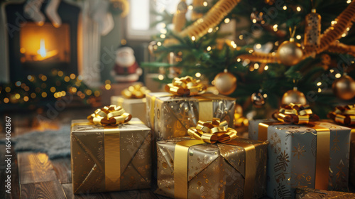 Festive Christmas scene with beautifully wrapped gifts under decorated tree, glowing with warm lights and ornaments
