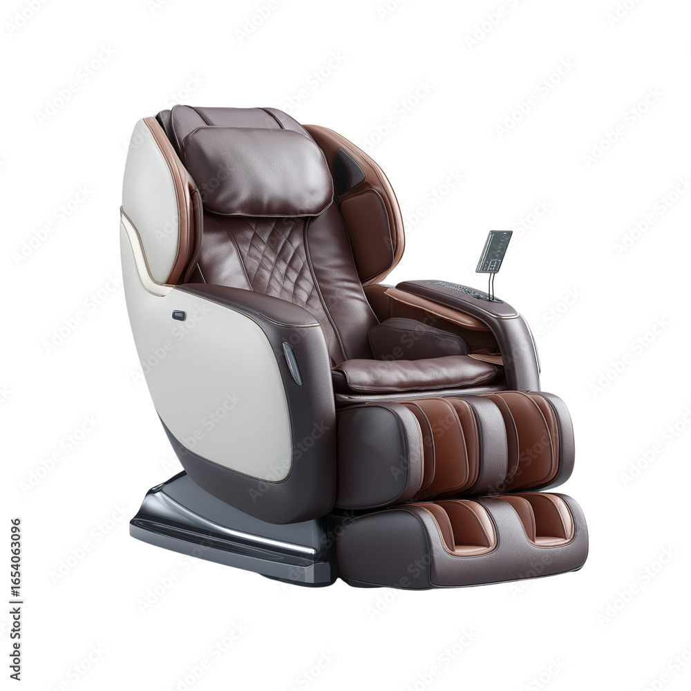 Naklejka premium Electronic leather massage chair in reclined position, isolated on white background — photorealistic front angle studio shot, perfect for commercial catalog, furniture design, wellness, and marketing 