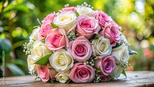Wedding bouquet of pink and white roses