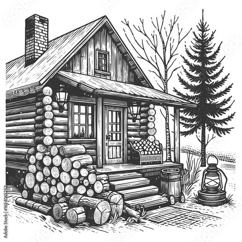 rustic log cabin with a front porch, hanging lanterns, and neatly stacked firewood sketch engraving generative ai vector illustration. Scratch board imitation. Black and white image.