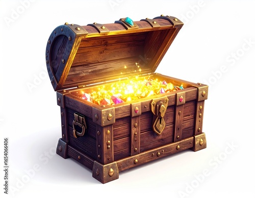 Detailed 3D Render Of A Cartoon Treasure Chest Filled With Glowing Gold Coins And Gems Isolated On White