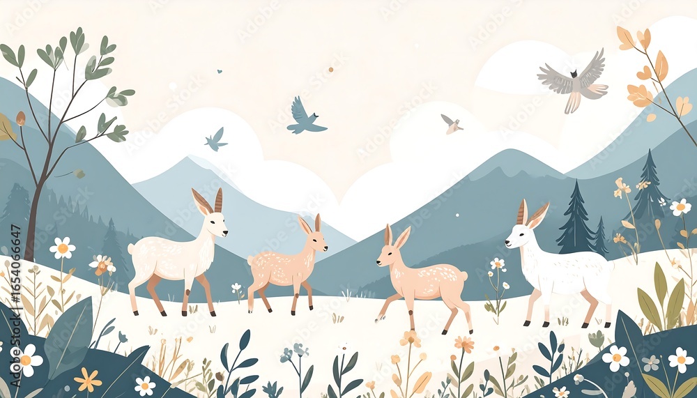 Obraz premium Cute deer in a floral mountain landscape