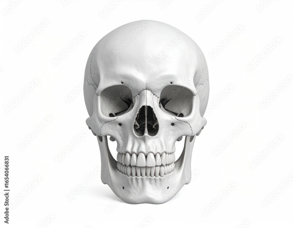 Obraz premium Detailed 3D Render Of Human Skull In Frontal View On White Background
