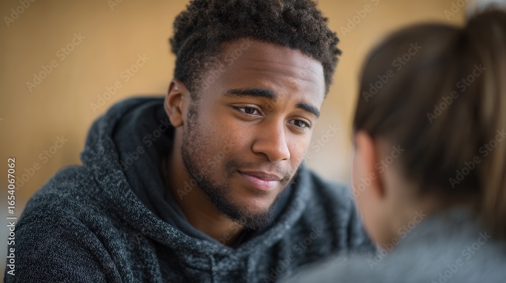 Obraz premium A young man and woman are having a serious conversation indoors, showcasing emotions and connection. The setting is warm and intimate, focusing on their expressions.