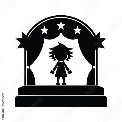 Vector art of silhouette of a child a stage with curtains and stars isolated