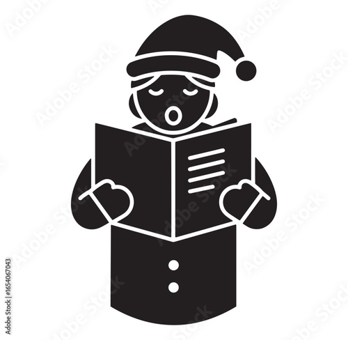 Holiday caroler singing from a book in a christmas santa hat silhouette