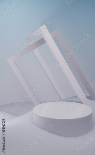 Minimalist white cylinder pedestal on an abstract white desert background.
