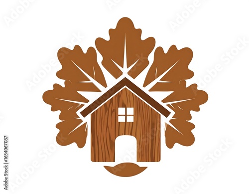 Wooden house surrounded by oak leaves
