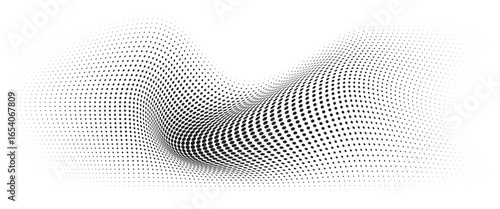 Flowing Wave Dot Halftone Pattern: Curve Gradient Shape on Transparent Background. Suitable for AI, Tech, Network, Digital, Science, and Technology Themes.