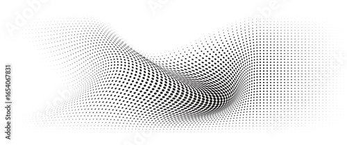 Flowing Wave Dot Halftone Pattern: Curve Gradient Shape on Transparent Background. Suitable for AI, Tech, Network, Digital, Science, and Technology Themes.