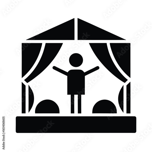 Vector art of silhouette of a performer a stage with curtains and spotlights, isolated
