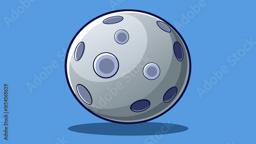 Illustration of a cartoon moon with craters on a blue background and a small shadow below it