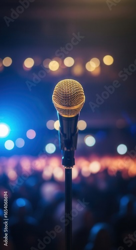 Close-up of a microphone on stage at a live music concert with blurry lights