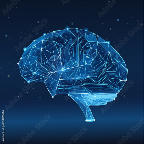 Artificial Intelligence, futuristic brain, neural network, holographic wireframe, glowing neon blue, polygon mesh, low poly, sci-fi cyber, digital data, machine learning, deep learning, technology, in
