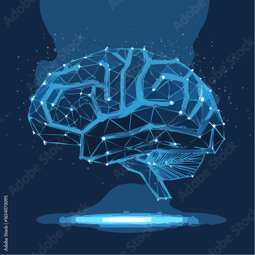 Artificial Intelligence, futuristic brain, neural network, holographic wireframe, glowing neon blue, polygon mesh, low poly, sci-fi cyber, digital data, machine learning, deep learning, technology, in