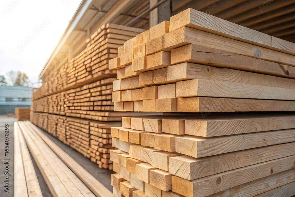 Stack of Freshly Cut Lumber in Wooden Storage Facility at Sunrise Stack of Freshly Cut Lumber in Wooden Storage Facility at Sunrise