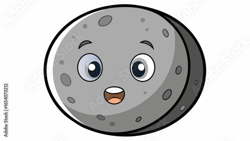 A cartoon moon with a face showing craters and shading with a white background and black outline design