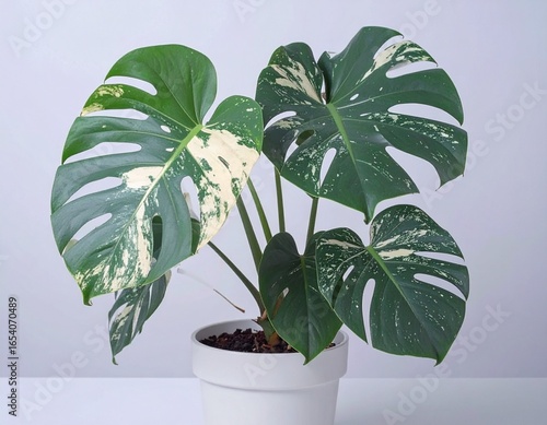 A healthy Monstera Variegata plant, its leaves decorated with splashes and streaks of creamy-white variegation