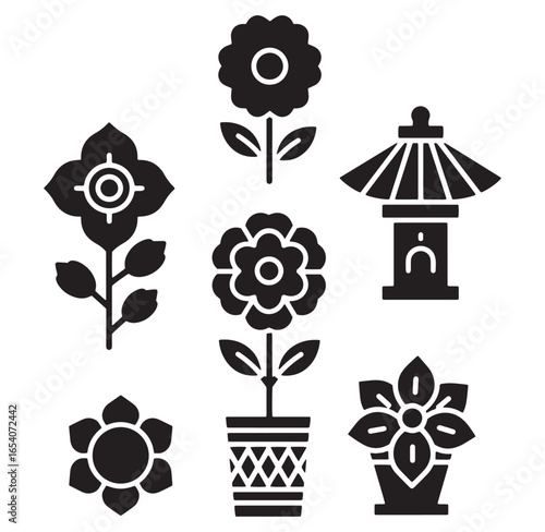 Vector illustration of various stylized flowers and a japanese lantern element