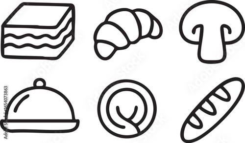 A set of six minimalist, hand-drawn food icons including a croissant, mushroom, bread, and serving cloche.