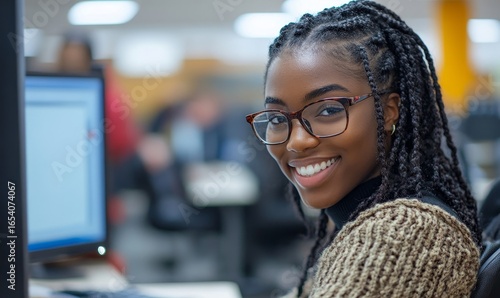 Wallpaper Mural Inclusive image of a disabled young black office worker in a wheelchair smiling while working at a computer in a diverse, accessible workplace environment, Generative AI Torontodigital.ca