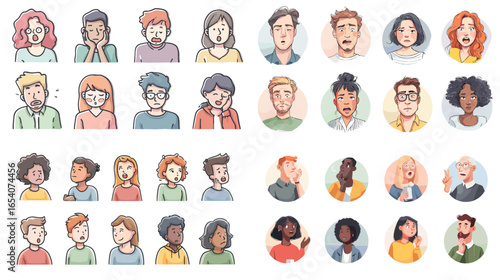 Set of diverse people portraits showing various emotions and facial expressions. Perfect for social media avatars, empathy illustrations, and character design.