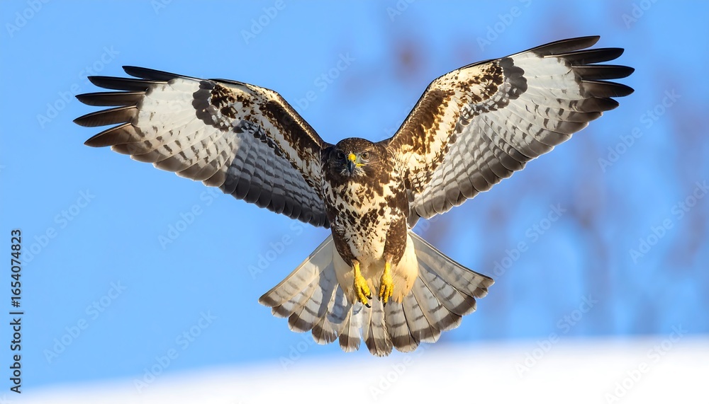 Fototapeta premium A hawk in flight against a bright blue sky, snow below