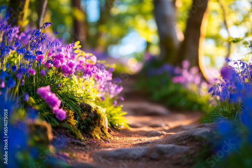 Sunlit forest path covered in bluebell flowers enchanting violet woodland walk